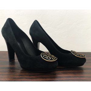 Tory Burch Black Suede Gold logo Platform Heels